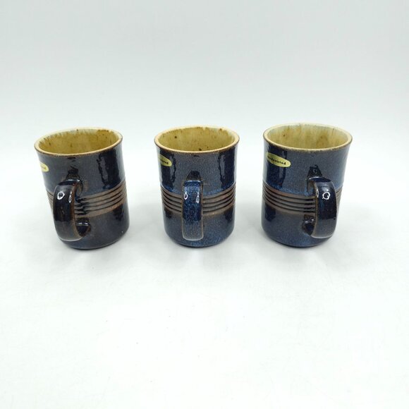 Otagiri Mugs Lot of 3 Blue Brown 9 oz Handpainted Hand Crafted Stoneware Stripe - Picture 2 of 14